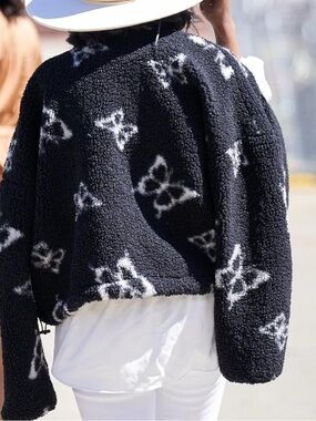Black and White Sherpa Jacket With Butterfly Pattern